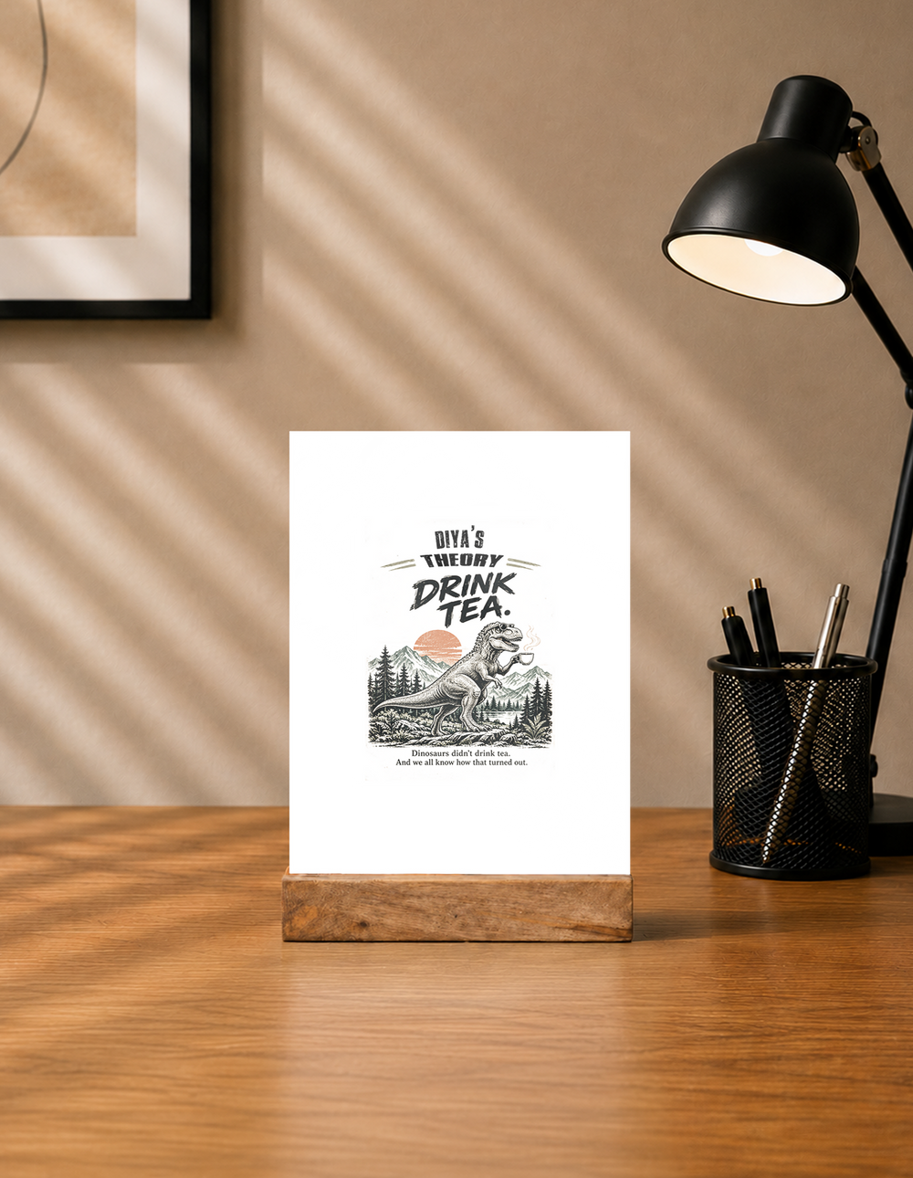 Acrylic Photo Frame with Stand | 5x7 Inch | Acrylic & Wood | UV Printed Tabletop Display | Universal | Personalized | Typography | Dinosaurs | Tea | Everyday | Humorous | Drink Tea, Avoid Extinction - front - mockup 1