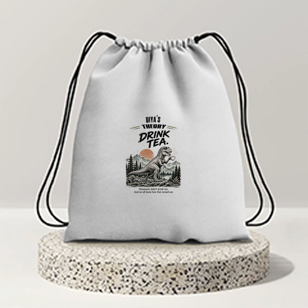 Drawstring Bag | 280 GSM | Durable Cotton | Secure Closure | Unisex | Personalized | Typography | Dinosaurs | Tea | Everyday | Humorous | Drink Tea, Avoid Extinction - front - mockup 1