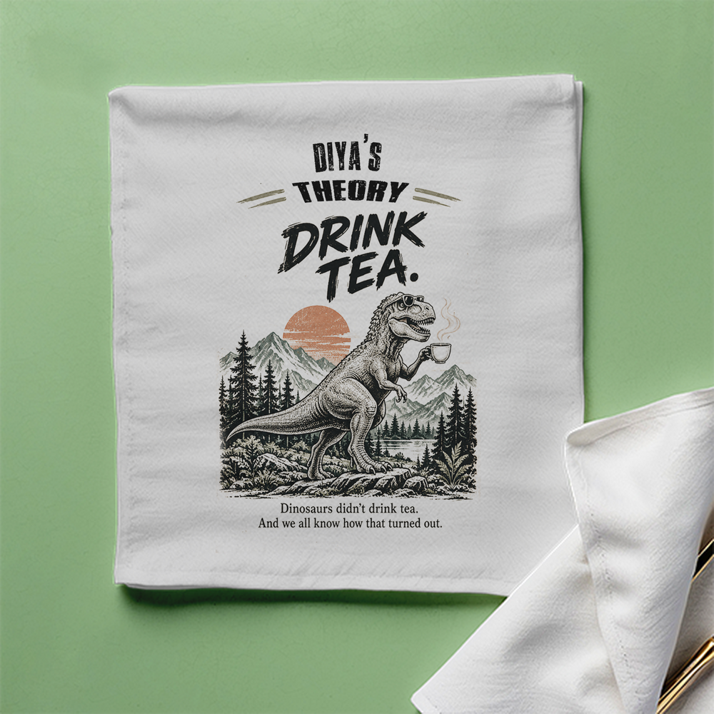 Cloth Napkin | Standard Dining Size | 100% Polyester | Soft, Durable, Hemmed | Unisex | Personalized | Typography | Dinosaurs | Tea | Everyday | Humorous | Drink Tea, Avoid Extinction - front - White - mockup 1