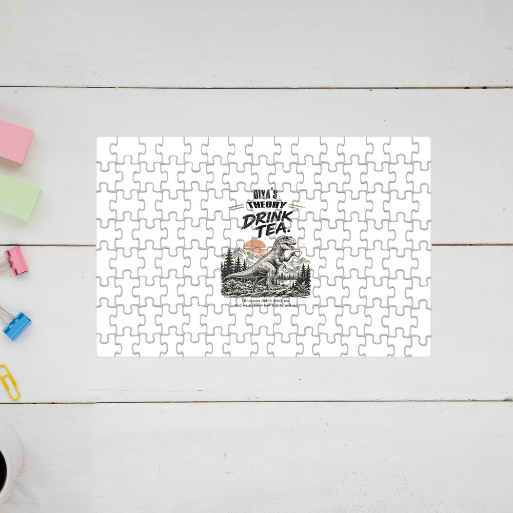Jigsaw Puzzle | 120 Pieces A4 Size | Recycled Paper Semi-Glossy Finish | Fade-Proof Engaging Entertainment | Unisex | Personalized | Typography | Dinosaurs | Tea | Everyday | Humorous | Drink Tea, Avoid Extinction - front - mockup 1