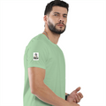 Male Classic Crew T-Shirt | Men's Regular Fit | 180 GSM Bio-Washed Cotton | Pre-Shrunk, Double-Stitched | Personalized | Typography | Dinosaurs | Tea | Everyday | Humorous | Drink Tea, Avoid Extinction - right sleeve - Jade - mockup 6
