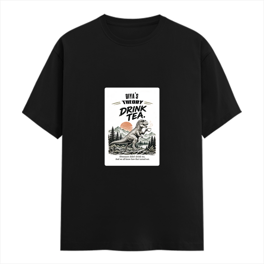 Female Classic Crew T-Shirt | Regular Fit | 180 GSM Bio-Washed Cotton Blend | Pre-Shrunk, Double-Stitched | Women | Personalized | Typography | Dinosaurs | Tea | Everyday | Humorous | Drink Tea, Avoid Extinction - front - Black - mockup 1