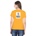 Female Classic Crew T-Shirt | Regular Fit | 180 GSM Bio-Washed Cotton Blend | Pre-Shrunk, Double-Stitched | Women | Personalized | Typography | Dinosaurs | Tea | Everyday | Humorous | Drink Tea, Avoid Extinction - back - Golden Yellow - mockup 2