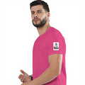 Female Classic Crew T-Shirt | Regular Fit | 180 GSM Bio-Washed Cotton Blend | Pre-Shrunk, Double-Stitched | Women | Personalized | Typography | Dinosaurs | Tea | Everyday | Humorous | Drink Tea, Avoid Extinction - left sleeve - Pink - mockup 5