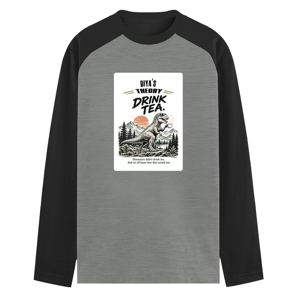 Male Raglan T-Shirt | Men's Regular Fit | 180 GSM Bio-Washed Fabric | Double Stitched, Ribbed Neck | Personalized | Typography | Dinosaurs | Tea | Everyday | Humorous | Drink Tea, Avoid Extinction - front - mockup 1