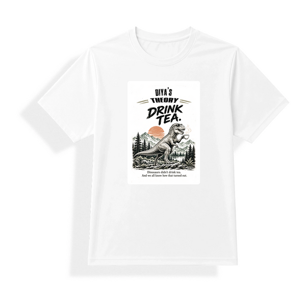 Unisex Jersey T-Shirt | Adults Unisex Fit | Polyester Honeycomb Mesh | Breathable, Quick-Dry | Personalized | Typography | Dinosaurs | Tea | Everyday | Humorous | Drink Tea, Avoid Extinction