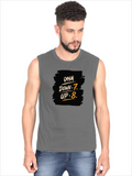 Male Sleeveless T-Shirt | Regular Fit Men | 180 GSM Bio-Washed Cotton Blend | Pre-Shrunk, Double-Stitched | Personalized | Typography | Motivation | Everyday | Empowering | Fall Seven, Rise Eight - front - Charcoal Melange - mockup 1