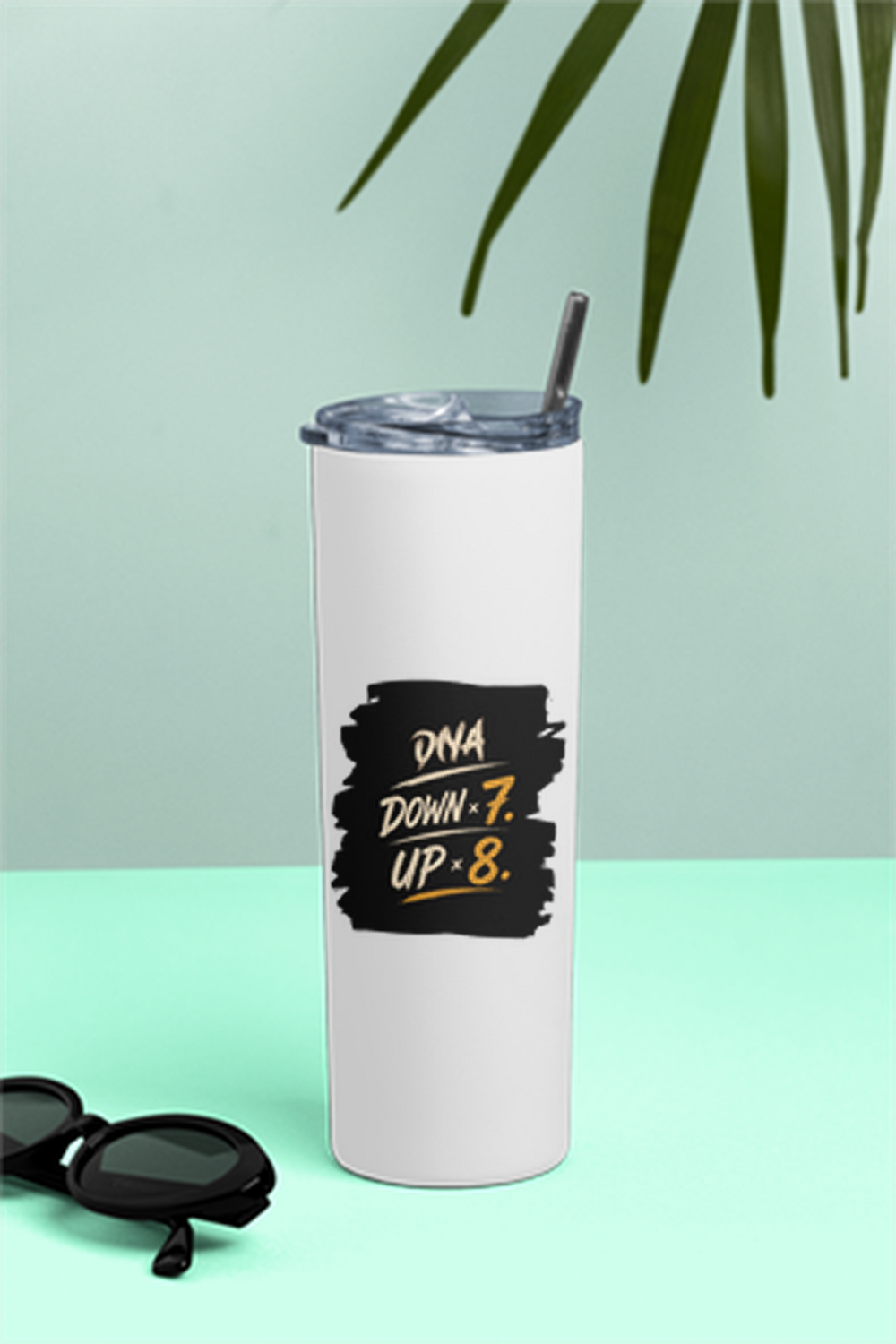 Tumbler Bottle | 20oz Capacity | Stainless Steel | Double-Wall Insulated, Splash-Proof Lid, Metal Straw | Everyday Use | Personalized | Typography | Motivation | Everyday | Empowering | Fall Seven, Rise Eight - front - White - mockup 1