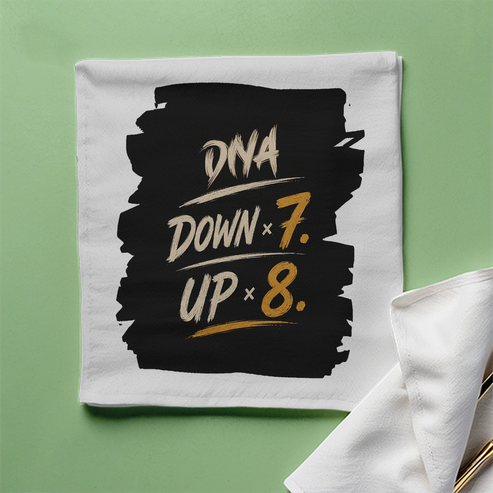 Cloth Napkin | Standard Dining Size | 100% Polyester | Soft, Durable, Hemmed | Unisex | Personalized | Typography | Motivation | Everyday | Empowering | Fall Seven, Rise Eight - front - White - mockup 1