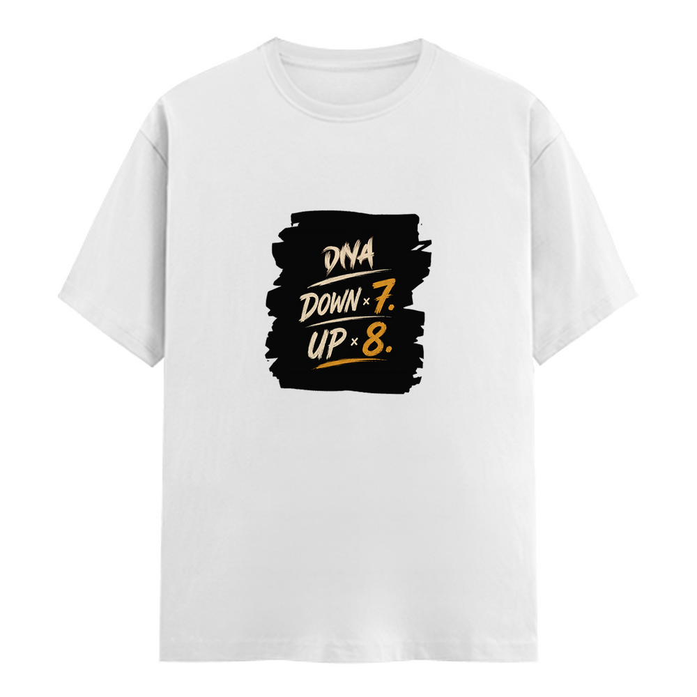 Male Classic Crew T-Shirt | Men's Regular Fit | 180 GSM Bio-Washed Cotton | Pre-Shrunk, Double-Stitched | Personalized | Typography | Motivation | Everyday | Empowering | Fall Seven, Rise Eight - front - White - mockup 1