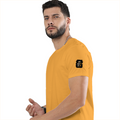 Male Classic Crew T-Shirt | Men's Regular Fit | 180 GSM Bio-Washed Cotton | Pre-Shrunk, Double-Stitched | Personalized | Typography | Motivation | Everyday | Empowering | Fall Seven, Rise Eight - left sleeve - Golden Yellow - mockup 5