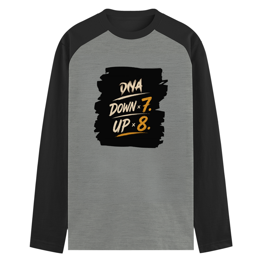 Male Raglan T-Shirt | Men's Regular Fit | 180 GSM Bio-Washed Fabric | Double Stitched, Ribbed Neck | Personalized | Typography | Motivation | Everyday | Empowering | Fall Seven, Rise Eight - front - mockup 1