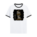 Ringer T-Shirt | Unisex Fit | 100% Cotton | Bio-Washed, Pre-Shrunk, Rib Neck | Adults | Personalized | Typography | Royalty | Power | Everyday | Empowering | The Crowned Warrior - front - Black White - mockup 1