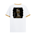Ringer T-Shirt | Unisex Fit | 100% Cotton | Bio-Washed, Pre-Shrunk, Rib Neck | Adults | Personalized | Typography | Royalty | Power | Everyday | Empowering | The Crowned Warrior - back - Mustard yellow off white - mockup 2