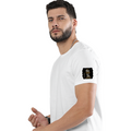 Basic T-Shirt | Unisex Fit | Poly-Cotton Blend | Soft Finish, Durable | Adults | Personalized | Typography | Royalty | Power | Everyday | Empowering | The Crowned Warrior - left sleeve - White - mockup 5