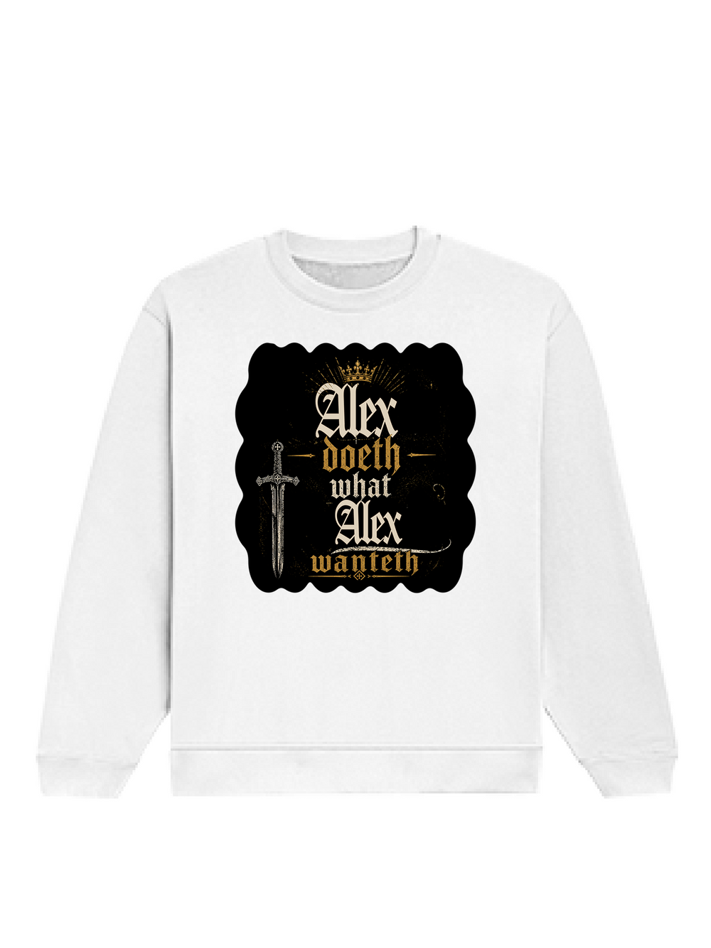 Oversized Sweatshirt | Relaxed Fit Unisex | 90% Cotton 10% Polyester 400 GSM | Pre-Shrunk Drop Shoulder | Unisex | Personalized | Typography | Royalty | Power | Everyday | Empowering | The Crowned Warrior - front - White - mockup 1