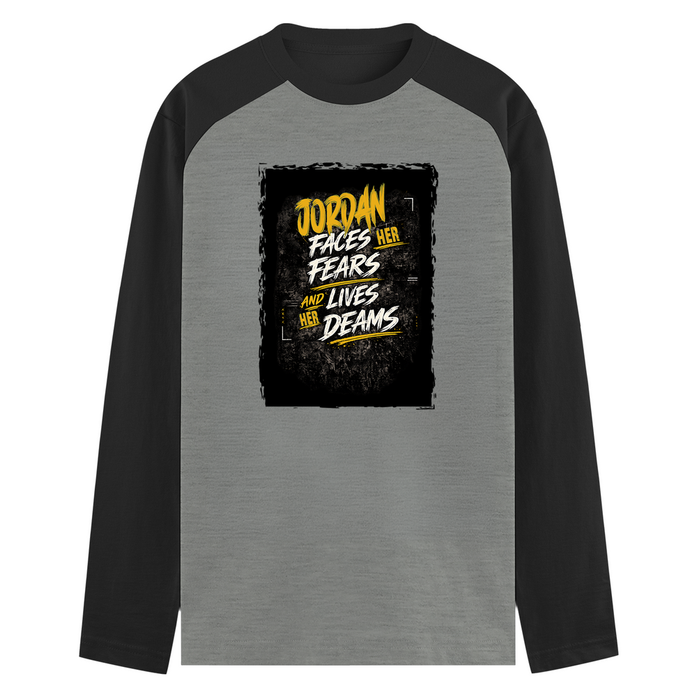 Male Raglan T-Shirt | Men's Regular Fit | 180 GSM Bio-Washed Fabric | Double Stitched, Ribbed Neck | Personalized | Typography | Overcoming Adversity | Everyday Encouragement | Empowering | Face Your Fears - front - mockup 1