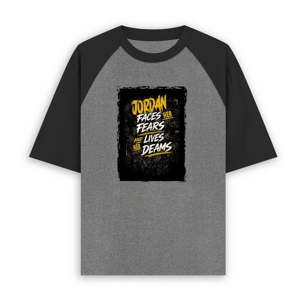 Unisex Oversized Raglan T-Shirt | Oversized Fit | 100% Bio-Washed Cotton | Ready | Two-Tone Design | Rib Neck | Unisex Adult | Personalized | Typography | Overcoming Adversity | Everyday Encouragement | Empowering | Face Your Fears - front - mockup 1