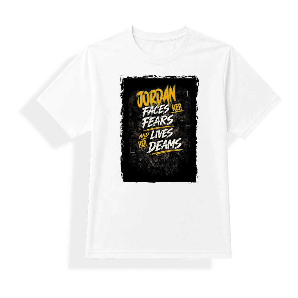 Unisex Jersey T-Shirt | Adults Unisex Fit | Polyester Honeycomb Mesh | Breathable, Quick-Dry | Personalized | Typography | Overcoming Adversity | Everyday Encouragement | Empowering | Face Your Fears - front - mockup 1