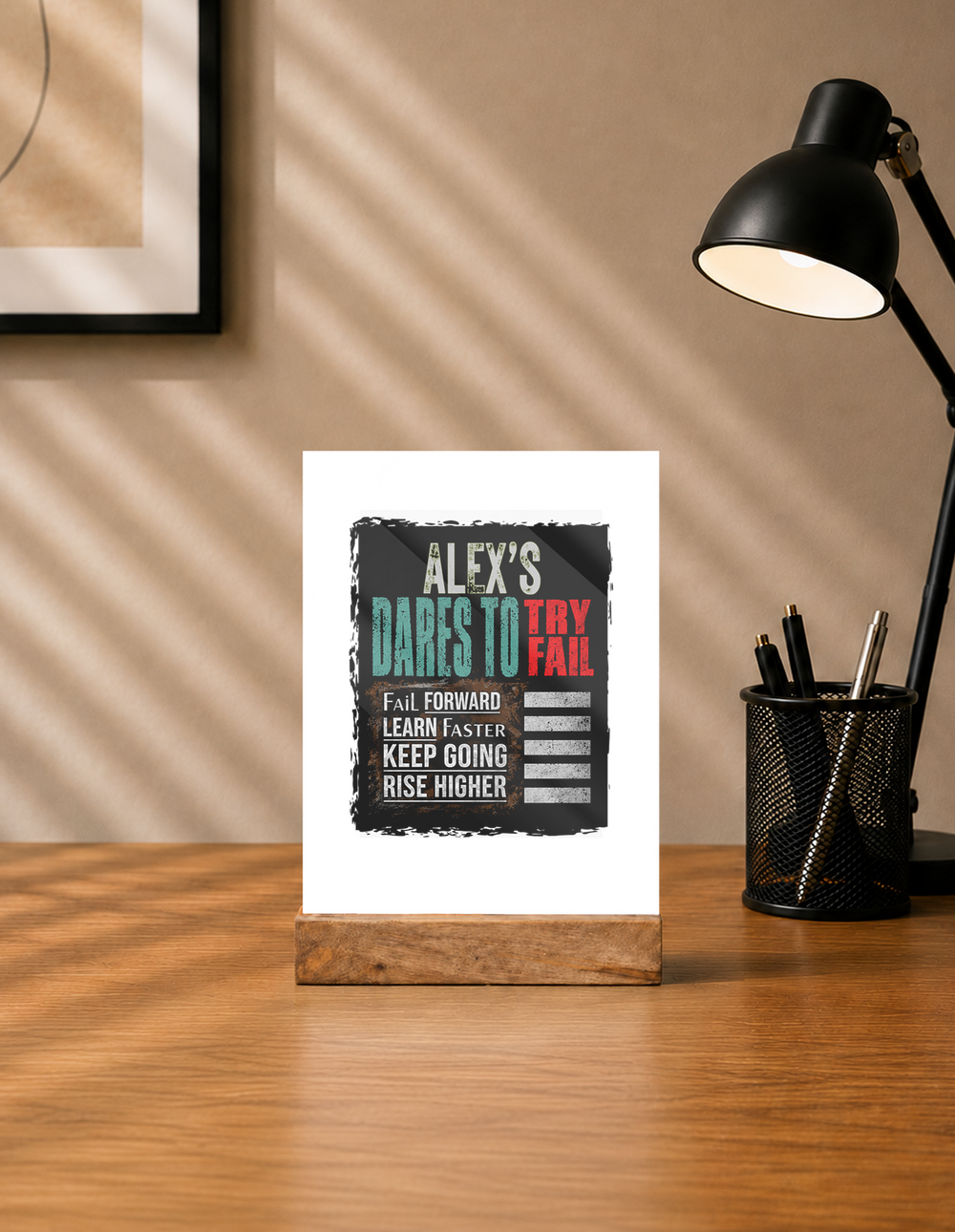Acrylic Photo Frame with Stand | 5x7 Inch | Acrylic & Wood | UV Printed Tabletop Display | Universal | Personalized | Typography | Resilience | Everyday | Empowering | Never Stop Rising - front - mockup 1
