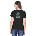 Female Classic Crew T-Shirt | Regular Fit | 180 GSM Bio-Washed Cotton Blend | Pre-Shrunk, Double-Stitched | Women | Personalized | Typography | Resilience | Everyday | Empowering | Never Stop Rising - back - Black - mockup 2