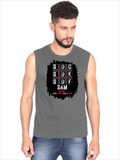 Male Sleeveless T-Shirt | Regular Fit Men | 180 GSM Bio-Washed Cotton Blend | Pre-Shrunk, Double-Stitched | Personalized | Typography | Attitude | Rebellion | Everyday | Assertive | Unbothered By Everything - front - Charcoal Melange - mockup 1