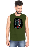 Male Sleeveless T-Shirt | Regular Fit Men | 180 GSM Bio-Washed Cotton Blend | Pre-Shrunk, Double-Stitched | Personalized | Typography | Attitude | Rebellion | Everyday | Assertive | Unbothered By Everything - front - Olive Green - mockup 1