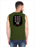Male Sleeveless T-Shirt | Regular Fit Men | 180 GSM Bio-Washed Cotton Blend | Pre-Shrunk, Double-Stitched | Personalized | Typography | Attitude | Rebellion | Everyday | Assertive | Unbothered By Everything - back - Olive Green - mockup 2