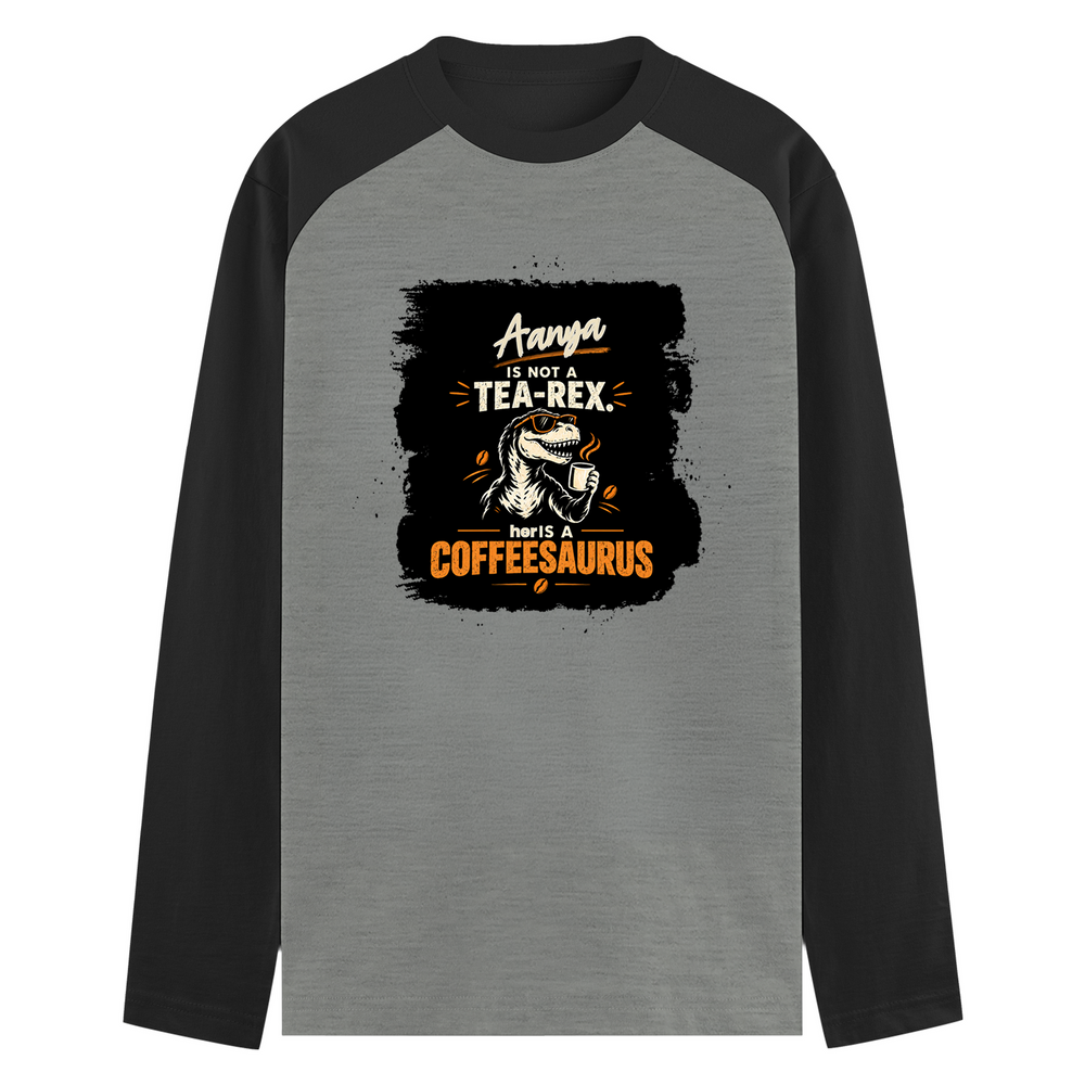 Male Raglan T-Shirt | Men's Regular Fit | 180 GSM Bio-Washed Fabric | Double Stitched, Ribbed Neck | Personalized | Typography | Coffee | Dinosaurs | Everyday | Amusing | The Caffeinated Dinosaur - front - mockup 1