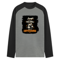 Male Raglan T-Shirt | Men's Regular Fit | 180 GSM Bio-Washed Fabric | Double Stitched, Ribbed Neck | Personalized | Typography | Coffee | Dinosaurs | Everyday | Amusing | The Caffeinated Dinosaur - front - mockup 1