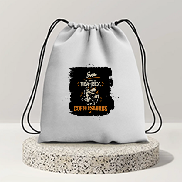 Drawstring Bag | 280 GSM | Durable Cotton | Secure Closure | Unisex | Personalized | Typography | Coffee | Dinosaurs | Everyday | Amusing | The Caffeinated Dinosaur