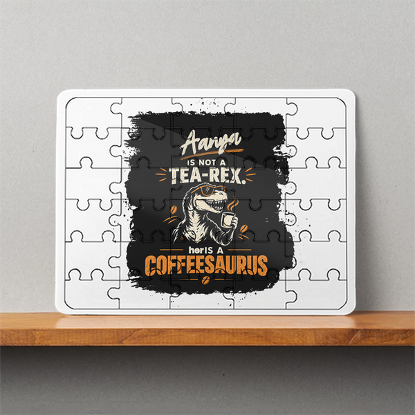 MDF Wooden Puzzle | 6x8 Inch 30 Pieces | Glossy Finish | Durable, Waterproof | Kids & Adults | Personalized | Typography | Coffee | Dinosaurs | Everyday | Amusing | The Caffeinated Dinosaur - front - White - mockup 1