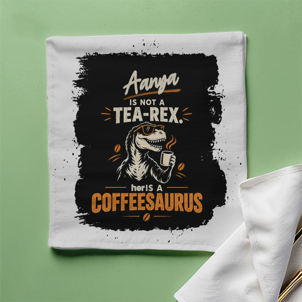 Cloth Napkin | Standard Dining Size | 100% Polyester | Soft, Durable, Hemmed | Unisex | Personalized | Typography | Coffee | Dinosaurs | Everyday | Amusing | The Caffeinated Dinosaur - front - White - mockup 1
