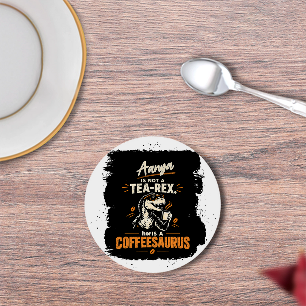 Coasters | 3mm MDF Board | Super Glossy Finish, Durable | Unisex | Personalized | Typography | Coffee | Dinosaurs | Everyday | Amusing | The Caffeinated Dinosaur - front - White - mockup 1