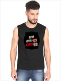 Male Sleeveless T-Shirt | Regular Fit Men | 180 GSM Bio-Washed Cotton Blend | Pre-Shrunk, Double-Stitched | Personalized | Typography | Humor | Casual | Playful | Hate Less, Love More - front - Black - mockup 1