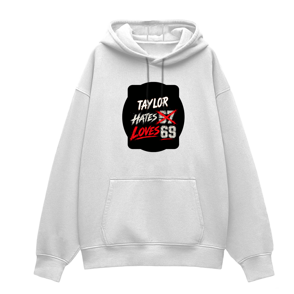 Oversized Hoodie | Relaxed Fit Unisex | 400 GSM Cotton Blend | Pre-Shrunk Warmth & Comfort | Adults | Personalized | Typography | Humor | Casual | Playful | Hate Less, Love More - front - White - mockup 1