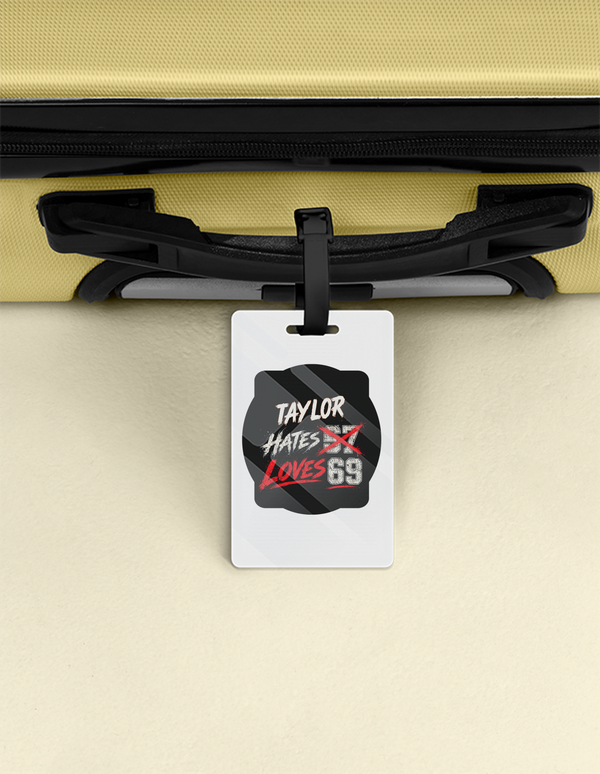 Luggage Tag | Travel Accessory | Acrylic | Durable, Double-Sided, Secure Strap | Unisex | Personalized | Typography | Humor | Casual | Playful | Hate Less, Love More