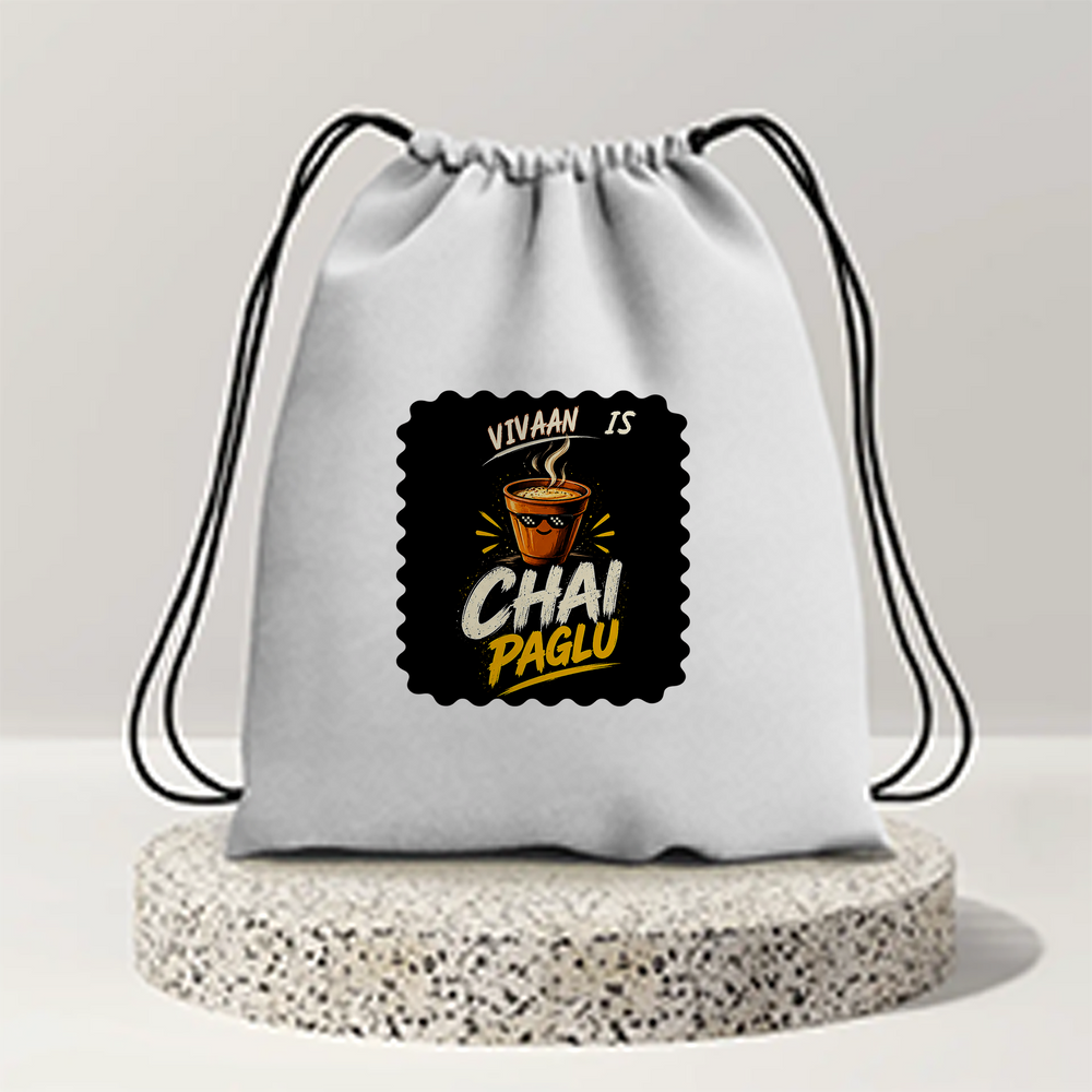 Drawstring Bag | 280 GSM | Durable Cotton | Secure Closure | Unisex | Personalized | Bold Graphic | Beverages | Humor | Everyday | Playful | Chai Paglu - front - mockup 1