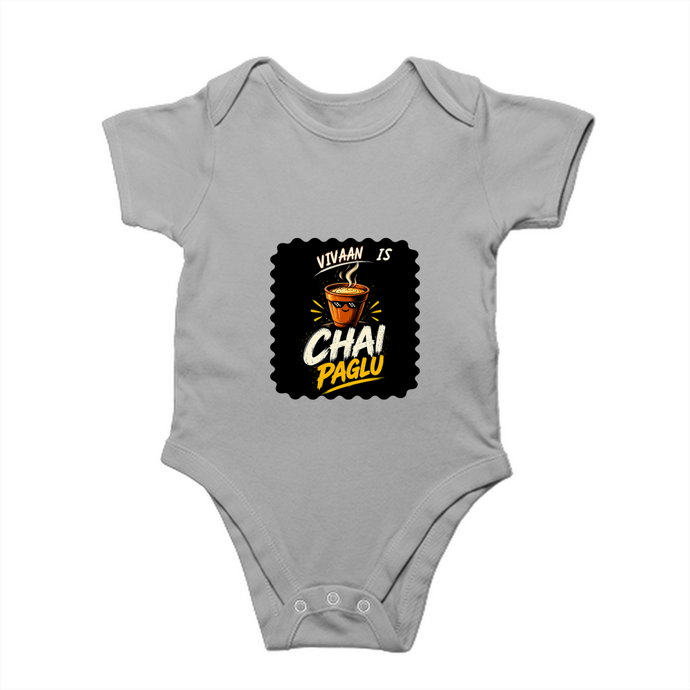 Baby Romper | 0-12 Months | 180 GSM Bio-Washed Cotton | Double-Stitched, Pre-Shrunk | Unisex | Personalized | Bold Graphic | Beverages | Humor | Everyday | Playful | Chai Paglu - front - Grey Melange - mockup 1