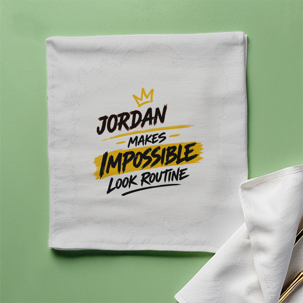 Cloth Napkin | Standard Dining Size | 100% Polyester | Soft, Durable, Hemmed | Unisex | Personalized | Bold Graphic | Success | Hard Work | Everyday | Inspirational | Makes Impossible Look Routine - front - White - mockup 1