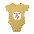 Baby Romper | 0-12 Months | 180 GSM Bio-Washed Cotton | Double-Stitched, Pre-Shrunk | Unisex | Personalized | Typography | Humor | Mischief | Humorous | Devilish By Nature - front - Yellow - mockup 1
