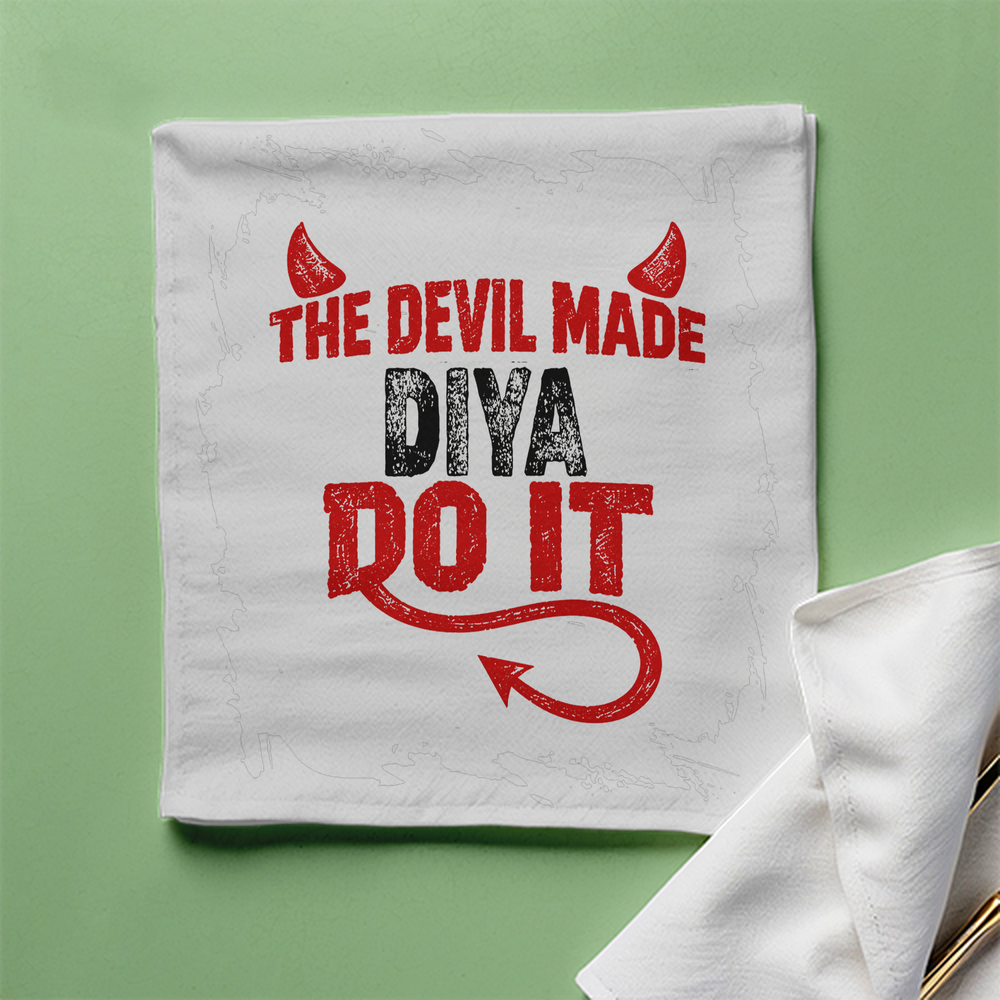 Cloth Napkin | Standard Dining Size | 100% Polyester | Soft, Durable, Hemmed | Unisex | Personalized | Typography | Humor | Mischief | Humorous | Devilish By Nature - front - White - mockup 1