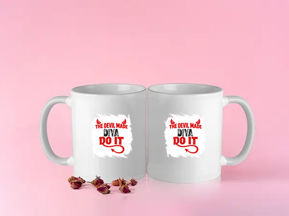 Color Coffee Mug | 11 oz | Premium Ceramic | Vibrant Inner & Handle | Unisex | Personalized | Typography | Humor | Mischief | Humorous | Devilish By Nature - front - White - mockup 1
