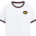 Ringer T-Shirt | Unisex Fit | 100% Cotton | Bio-Washed, Pre-Shrunk, Rib Neck | Adults | Personalized | Typography | Bollywood | Movies | Everyday | Confident | Famous By - left pocket - Maroon off white - mockup 3