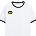 Ringer T-Shirt | Unisex Fit | 100% Cotton | Bio-Washed, Pre-Shrunk, Rib Neck | Adults | Personalized | Typography | Bollywood | Movies | Everyday | Confident | Famous By - right pocket - Black White - mockup 4