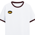 Ringer T-Shirt | Unisex Fit | 100% Cotton | Bio-Washed, Pre-Shrunk, Rib Neck | Adults | Personalized | Typography | Bollywood | Movies | Everyday | Confident | Famous By - right pocket - Maroon off white - mockup 4