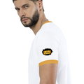 Ringer T-Shirt | Unisex Fit | 100% Cotton | Bio-Washed, Pre-Shrunk, Rib Neck | Adults | Personalized | Typography | Bollywood | Movies | Everyday | Confident | Famous By - left sleeve - Mustard yellow off white - mockup 5