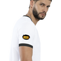 Ringer T-Shirt | Unisex Fit | 100% Cotton | Bio-Washed, Pre-Shrunk, Rib Neck | Adults | Personalized | Typography | Bollywood | Movies | Everyday | Confident | Famous By - right sleeve - Black White - mockup 6