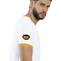 Ringer T-Shirt | Unisex Fit | 100% Cotton | Bio-Washed, Pre-Shrunk, Rib Neck | Adults | Personalized | Typography | Bollywood | Movies | Everyday | Confident | Famous By - right sleeve - Mustard yellow off white - mockup 6