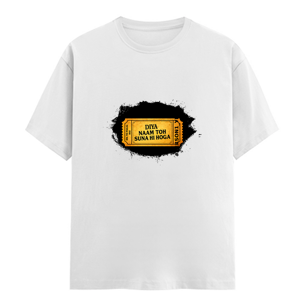 Male Classic Crew T-Shirt | Men's Regular Fit | 180 GSM Bio-Washed Cotton | Pre-Shrunk, Double-Stitched | Personalized | Typography | Bollywood | Movies | Everyday | Confident | Famous By - front - White - mockup 1